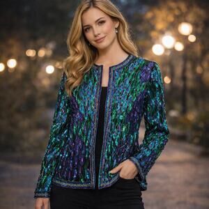 VTG Laurence Kazar Silk Beaded Peacock Sequin Evening Jacket Lined GLAM Mermaid